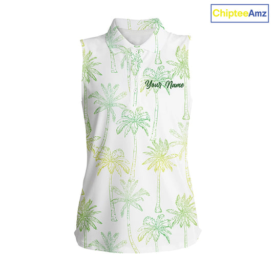 Green Tropical palm trees pattern Women sleeveless polo shirt custom team white golf shirt womens NQS5725