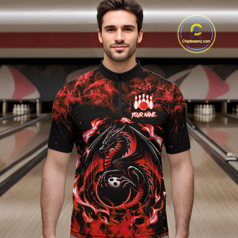 Black and Red Flame Dragon bowling shirts for Men Custom Bowling Team Jersey, gift for Bowler NQS10245
