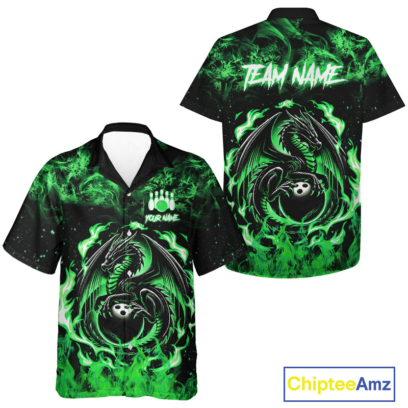 Black and Green Flame Dragon Bowling hawaiian shirt Custom Bowling Team button up shirts NQS10246