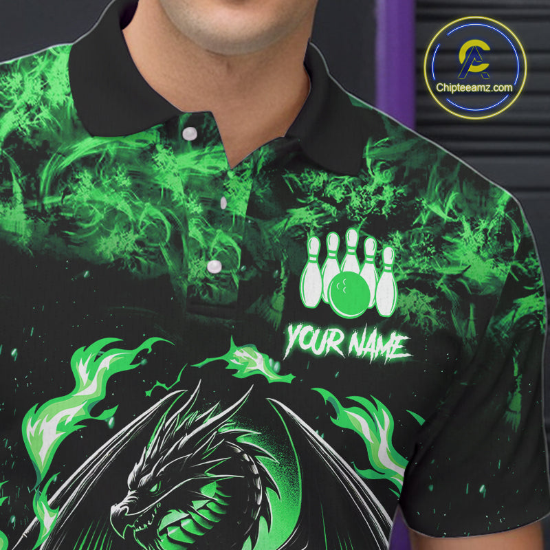 Black and Green Flame Dragon bowling shirts for Men Custom Bowling Team Jersey, gift for Bowler NQS10246