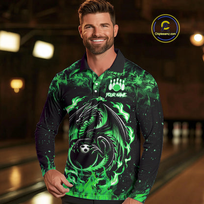 Black and Green Flame Dragon bowling shirts for Men Custom Bowling Team Jersey, gift for Bowler NQS10246