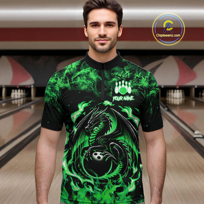 Black and Green Flame Dragon bowling shirts for Men Custom Bowling Team Jersey, gift for Bowler NQS10246