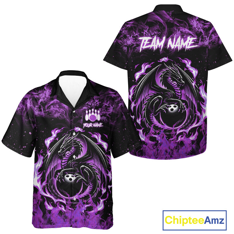 Black and Purple Flame Dragon Bowling hawaiian shirt Custom Bowling Team button up shirts NQS10247