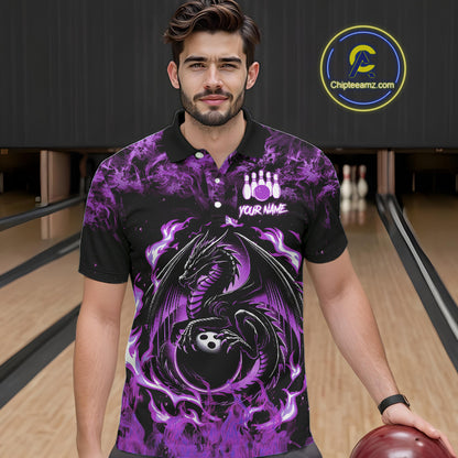 Black and Purple Flame Dragon bowling shirts for Men Custom Bowling Team Jersey, gift for Bowler NQS10247