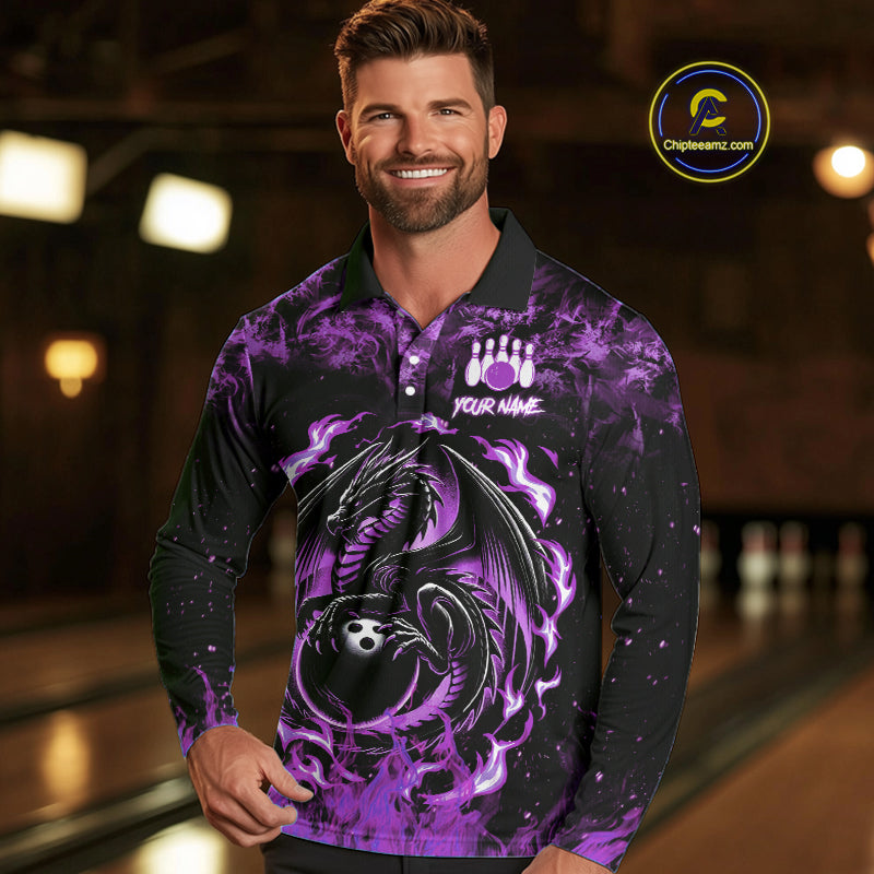 Black and Purple Flame Dragon bowling shirts for Men Custom Bowling Team Jersey, gift for Bowler NQS10247