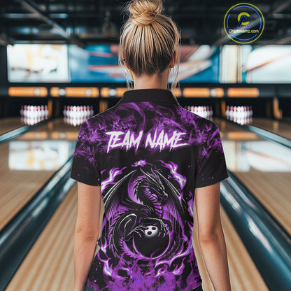 Black and Purple Flame Dragon bowling shirts for Women Custom Bowling Team Jersey, gift for Bowler NQS10247