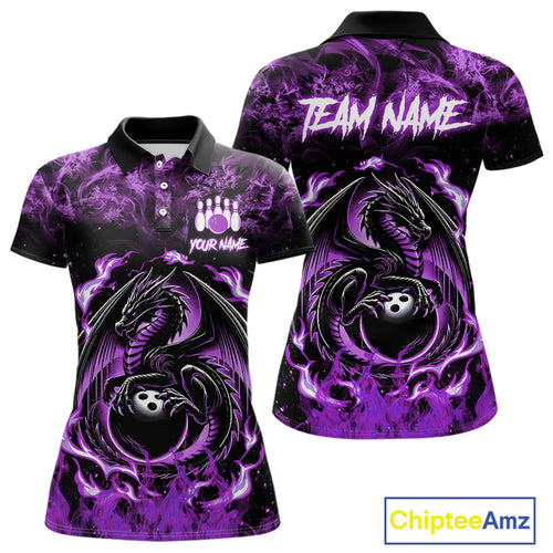Black and Purple Flame Dragon bowling shirts for Women Custom Bowling Team Jersey, gift for Bowler NQS10247