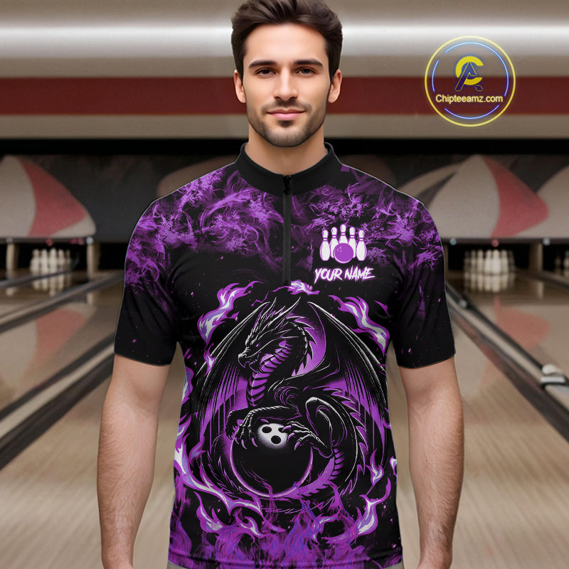 Black and Purple Flame Dragon bowling shirts for Men Custom Bowling Team Jersey, gift for Bowler NQS10247