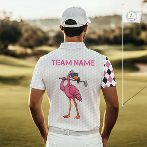 Funny Mens golf polo shirt custom pink and black argyle pattern flamingo white golf shirts NQS10252