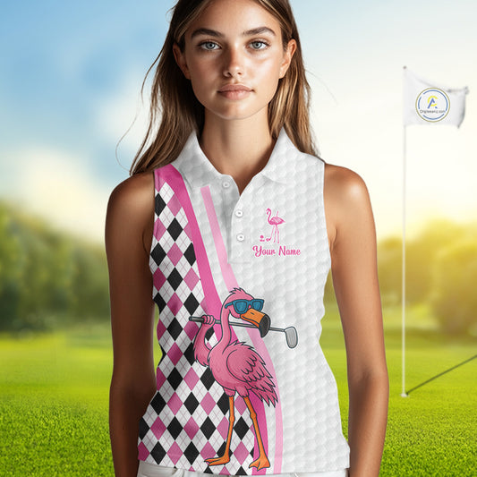 Funny Women Sleeveless Polo Shirt custom pink and black argyle pattern flamingo white golf shirts NQS10252
