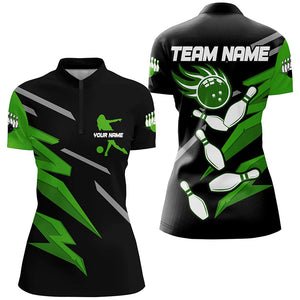 Black and Green Bowling Polo, Quarter Zip Shirts For Women Custom Bowling Team Jersey, gift for bowler NQS8247