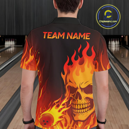 Flame Skull Bowling Polo, Quarter Zip Shirts for Men Custom Skull Fire Bowling Team Outfit Uniform NQS10444