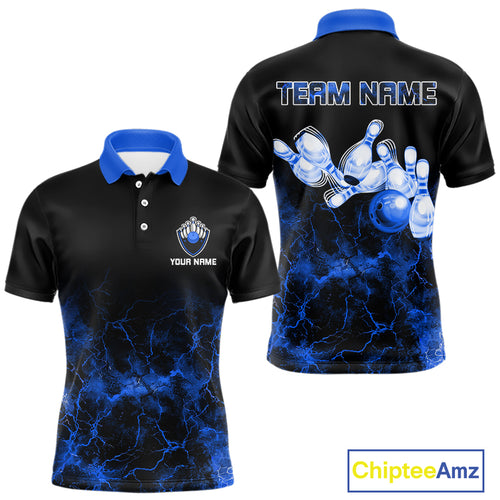 Personalized Men's bowling shirts Blue lightning Bowling Ball Pins bowling jerseys for Bowler NQS10633