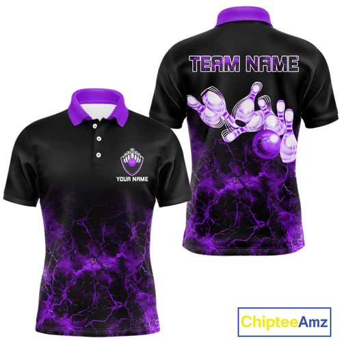 Personalized Men's bowling shirts Purple lightning Bowling Ball Pins bowling jerseys for Bowler NQS10634