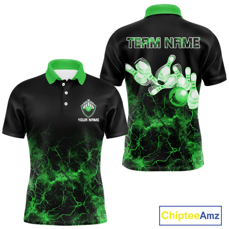 Personalized Men's bowling shirts Green lightning Bowling Ball Pins bowling jerseys for Bowler NQS10635
