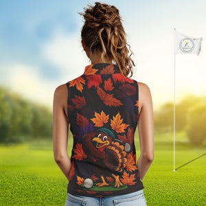 Golf Turkey Thanksgiving Women's Sleeveless Polo Shirt Orange Autumn Leaf Custom Golf top For Ladies NQS10637