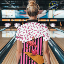 Load image into Gallery viewer, Pink ribbon pattern funny flamingo Bowling shirts for Women Custom breast cancer Team bowling outfit NQS11245