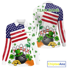 Load image into Gallery viewer, American Flag St Patricks Day Clover Bowling polo, 1/4 zip shirt for women Custom team bowling jersey NQS11452
