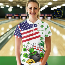 Load image into Gallery viewer, American Flag St Patricks Day Clover Bowling polo, 1/4 zip shirt for women Custom team bowling jersey NQS11452