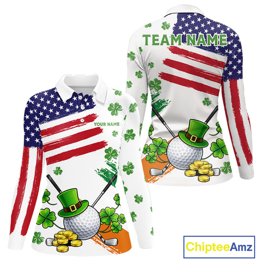 American Flag St Patrick's Day Clover Golf Polo shirts for Women Custom patriotic ladies golf tops NQS11453