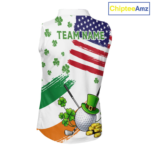 American Flag St Patrick's Day Clover Ladies Sleeveless Golf tops Custom patriotic women golf shirts NQS11453