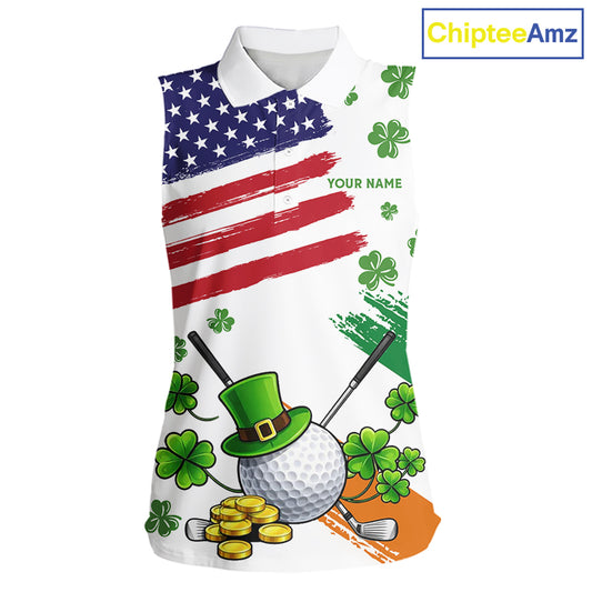 American Flag St Patrick's Day Clover Ladies Sleeveless Golf tops Custom patriotic women golf shirts NQS11453