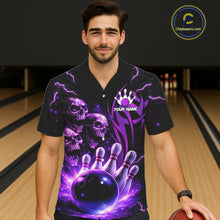 Load image into Gallery viewer, Custom Black and Purple Lightning Thunder Skull Dragon Bowling Button-up Shirts, Team Bowling Jerseys NQS11641