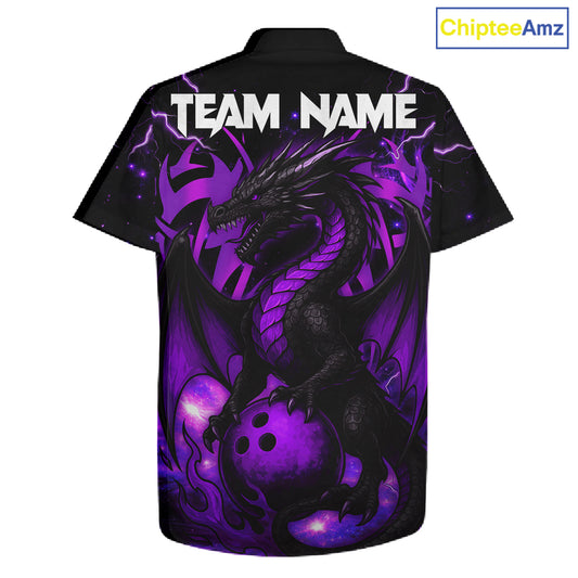 Custom Black and Purple Lightning Thunder Skull Dragon Bowling Button-up Shirts, Team Bowling Jerseys NQS11641