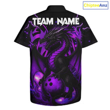 Load image into Gallery viewer, Custom Black and Purple Lightning Thunder Skull Dragon Bowling Button-up Shirts, Team Bowling Jerseys NQS11641