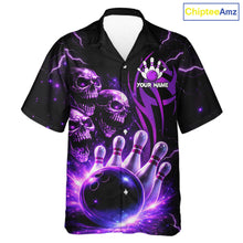 Load image into Gallery viewer, Custom Black and Purple Lightning Thunder Skull Dragon Bowling Button-up Shirts, Team Bowling Jerseys NQS11641