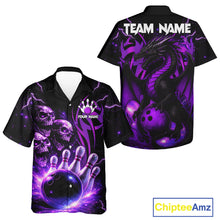 Load image into Gallery viewer, Custom Black and Purple Lightning Thunder Skull Dragon Bowling Button-up Shirts, Team Bowling Jerseys NQS11641