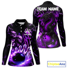 Load image into Gallery viewer, Custom Black and Purple Lightning Thunder Skull Dragon Bowling Shirts For Women, Team Bowling Jerseys NQS11641