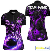 Load image into Gallery viewer, Custom Black and Purple Lightning Thunder Skull Dragon Bowling Shirts For Women, Team Bowling Jerseys NQS11641