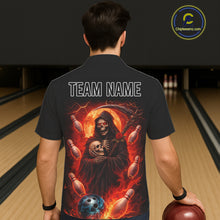 Load image into Gallery viewer, Black &amp; Orange Lightning Thunder Moon Reaper Bowling Button-up Shirt Custom Skull Team Bowling Jersey NQS11643