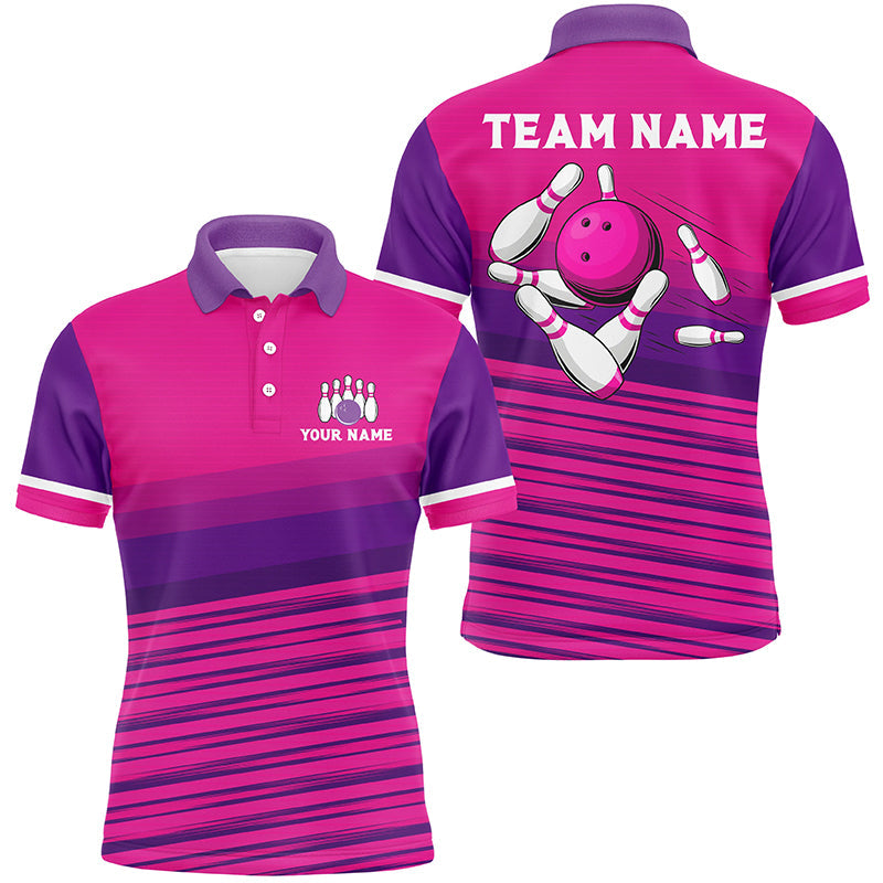 Pink pattern bowling ball and pins custom Men Bowling Polo Shirts, team bowling jerseys NQS7466