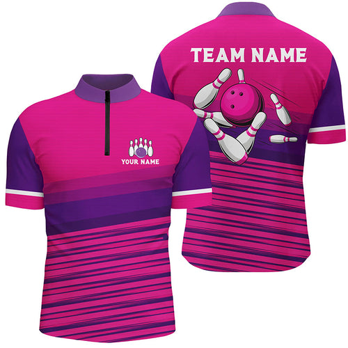 Pink pattern bowling ball pins custom Men bowling Quarter Zip Shirts, team bowling jerseys NQS7466