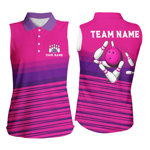 Pink pattern bowling ball pins custom Women bowling sleeveless Polo Shirts, team bowling jerseys NQS7466