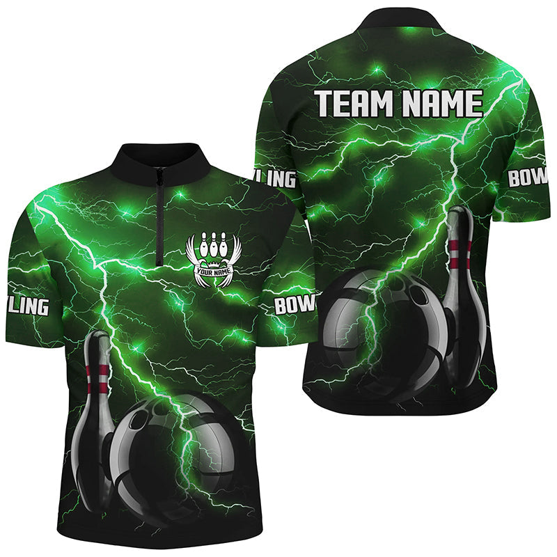 Green Lightning Thunder Black Bowling Polo, Quarter zip Shirt for men custom storm bowling team jersey NQS8457