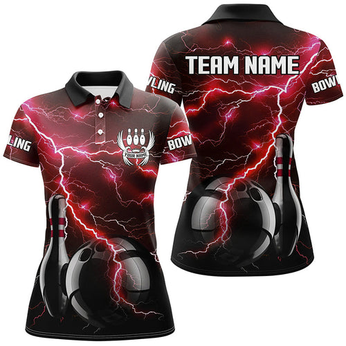 Red Lightning Thunder Black Women Bowling Polo, Quarter zip Shirt custom storm bowling team jerseys NQS8458
