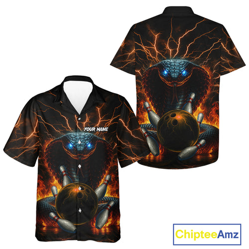 Personalized Orange Flame Thunder Lightning Cobra Snake Bowling Hawaiian Shirt, Bowling Team Jerseys NQS10641