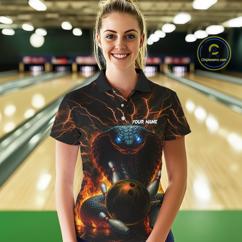 Personalized Orange Flame Thunder Lightning Cobra Snake Bowling Shirt For Women, Bowling Team Jerseys NQS10641
