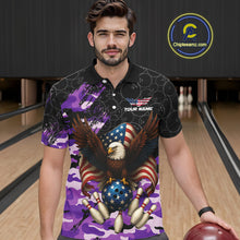 Load image into Gallery viewer, Black and Purple Camo American Flag Eagle Bowling Shirts For Men Custom Patriotic Team Bowling Jersey NQS10645
