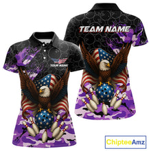 Load image into Gallery viewer, Black &amp; Purple Camo American Flag Eagle Bowling Shirt For Women Custom Patriotic Team Bowling Jersey NQS10645
