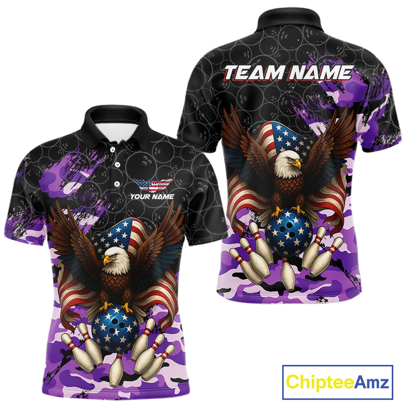 Black and Purple Camo American Flag Eagle Bowling Shirts For Men Custom Patriotic Team Bowling Jersey NQS10645