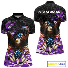 Load image into Gallery viewer, Black &amp; Purple Camo American Flag Eagle Bowling Shirt For Women Custom Patriotic Team Bowling Jersey NQS10645