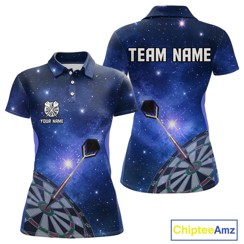 Blue galaxy space pattern Darts Polo, Quarter zip Shirts For Women Custom Team Darts Jersey Outfit NQS10876