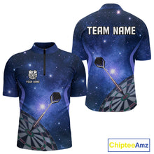 Load image into Gallery viewer, Blue galaxy space pattern Darts Polo, Quarter zip Shirts For Men Custom Team Darts Jersey Outfit NQS10876