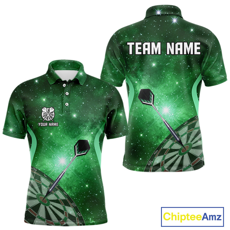 Green galaxy space pattern Darts Polo, Quarter zip Shirts For Men Custom Team Darts Jersey Outfit NQS10877