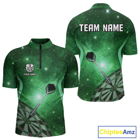 Green galaxy space pattern Darts Polo, Quarter zip Shirts For Men Custom Team Darts Jersey Outfit NQS10877