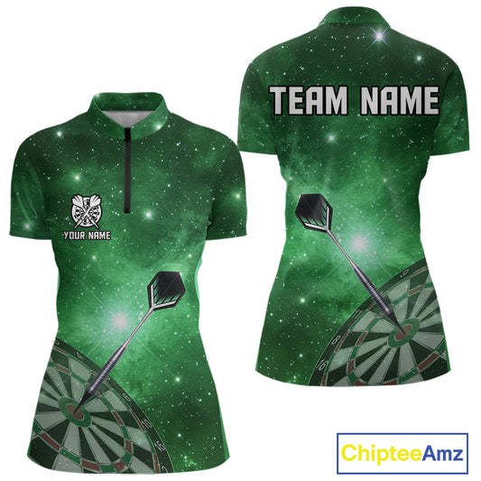 Green galaxy space pattern Darts Polo, Quarter zip Shirts For Women Custom Team Darts Jersey Outfit NQS10877
